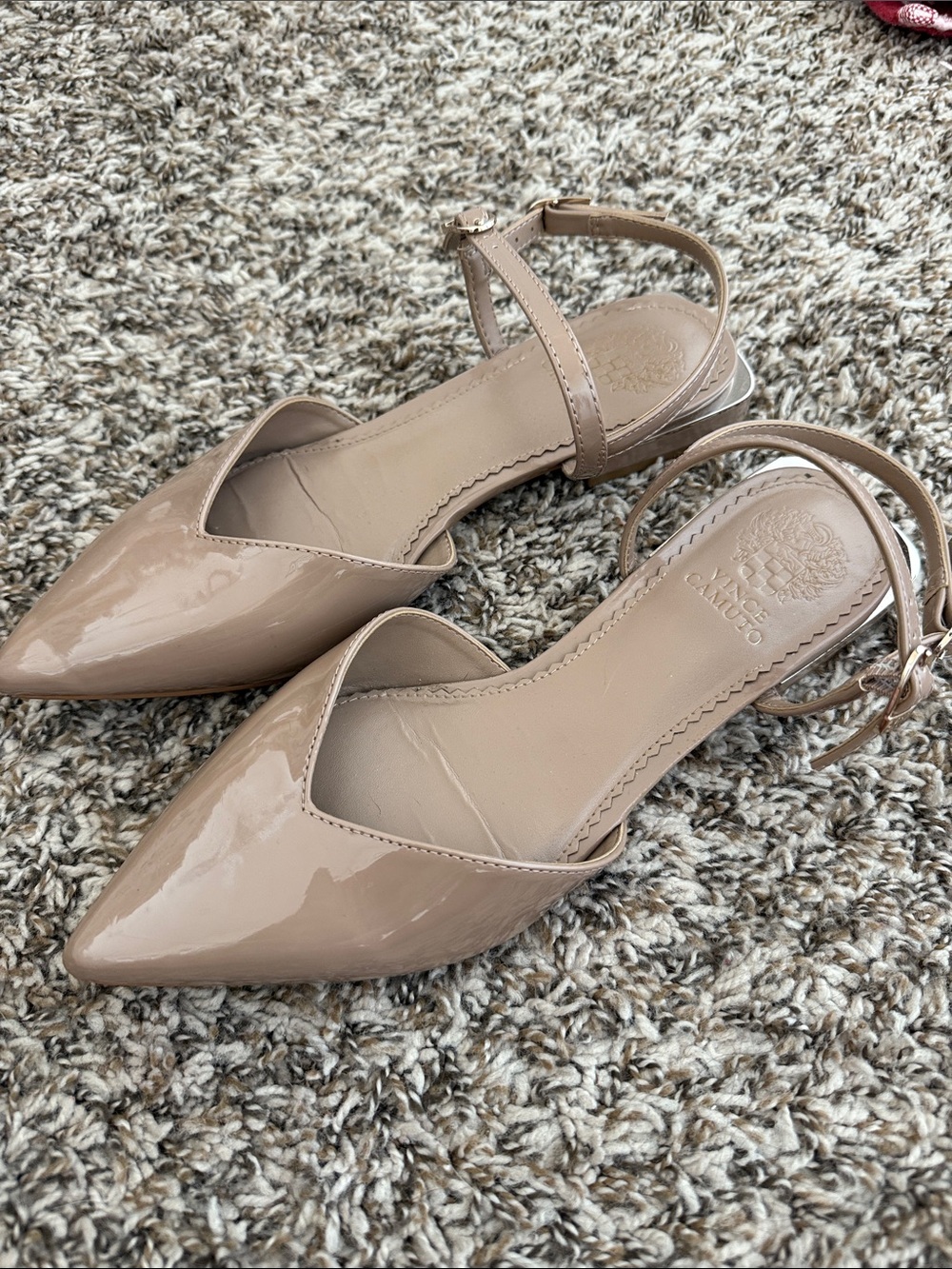 Vince Camuto Beige Patent Pointed-Toe Slingback Flats